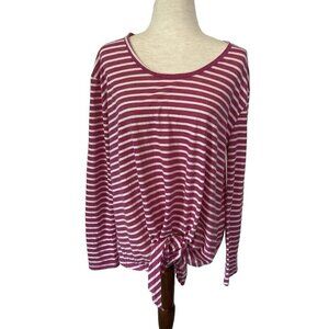 Umgee T Shirt Womens Pink White Retro Stripe Cotton Tee Top Long Sleeve Sz Large